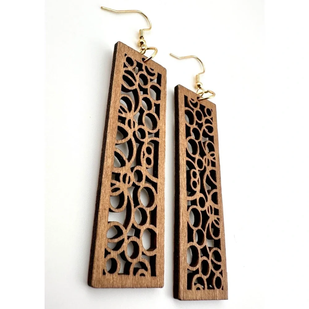 Art Deco Bubbles Laser Cut Wood Earrings Chestnut Brown
